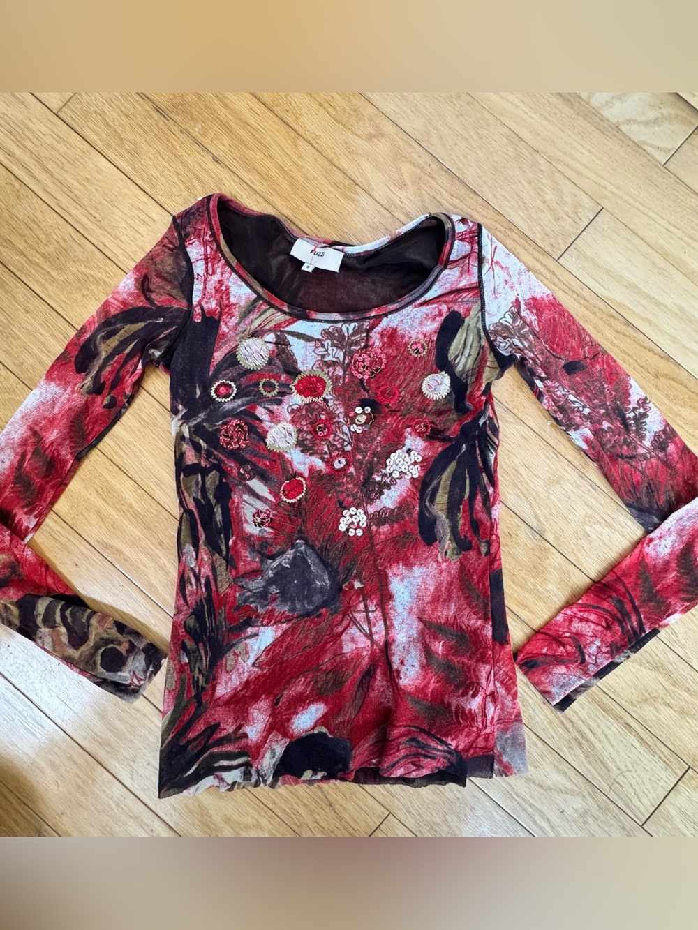 Y2K Fuzzi Red Floral Mesh Sequin Embroidered Long Sleeve Top S